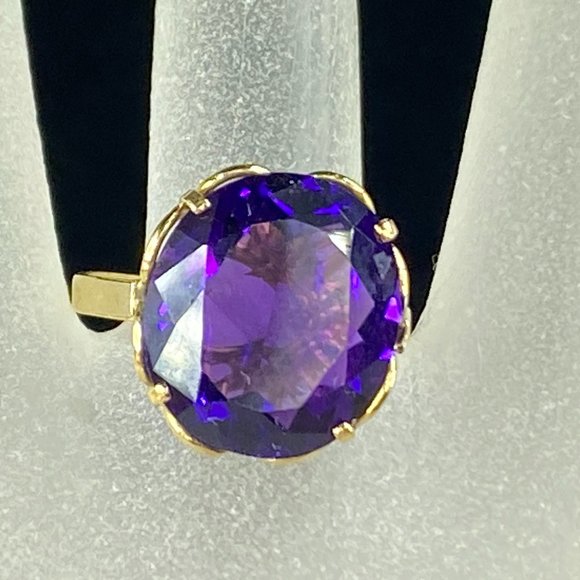 Art Deco 14K yellow gold oval faceted Amethyst flower...